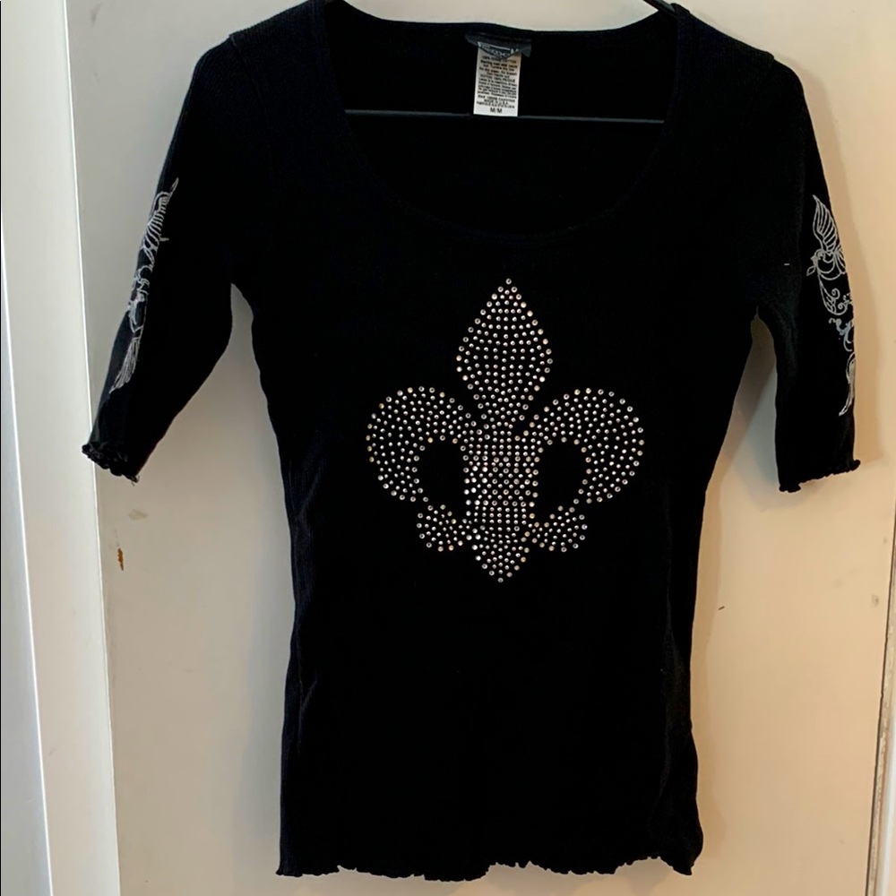Black rhinestone Fleur des Lis Women's Top NWOT